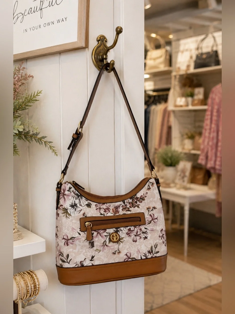 Giani Bernini Floral Print Shoulder Bag Blush Pink Brown Hobo Purse - Picture 2 of 13
